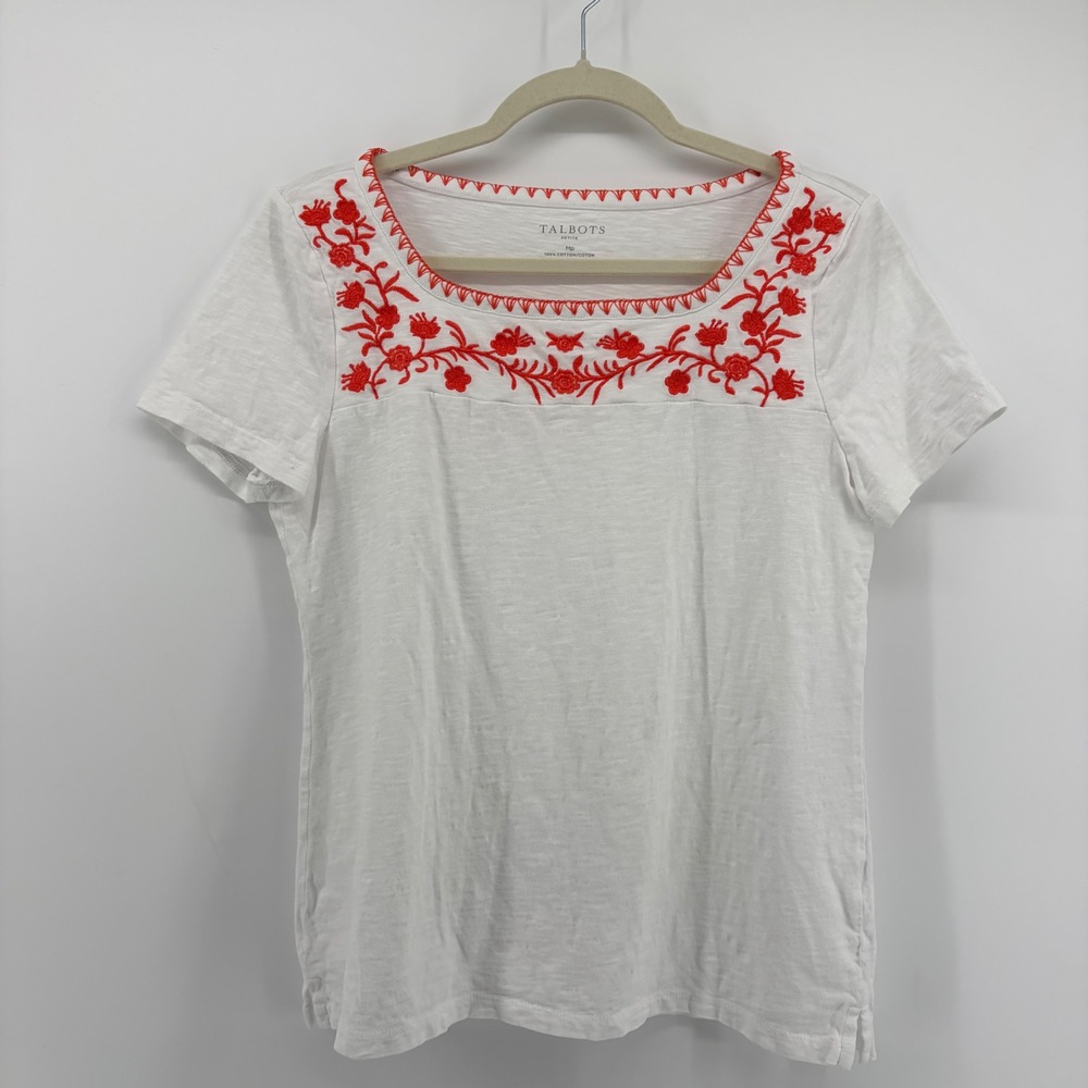 Talbots MP White Orange Embroidered Square Neck Cotton Slub Short Sleeve Tee
